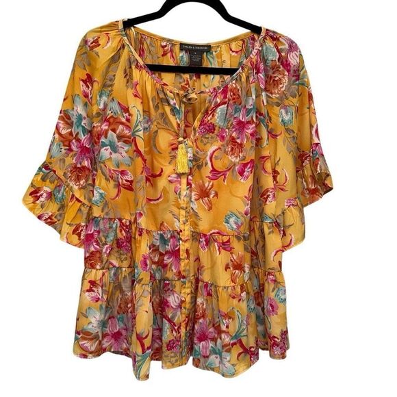 Chelsea & Theodore yellow floral boho blouse - Picture 1 of 7